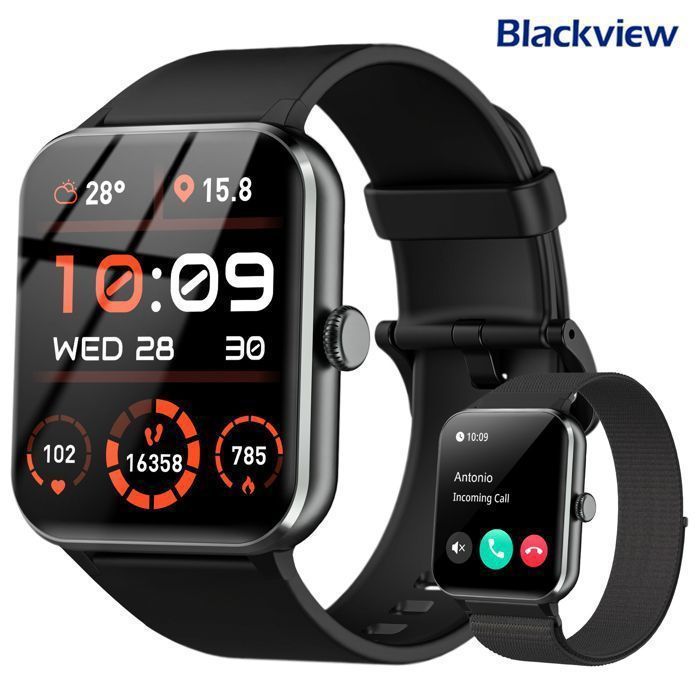 Blackview Montre Connectée Homme Femme Santé Sport, Appel Bluetooth, Suivi Cardio/Sommeil, Étanche IP68,Pédomètre, 2 Bracelets