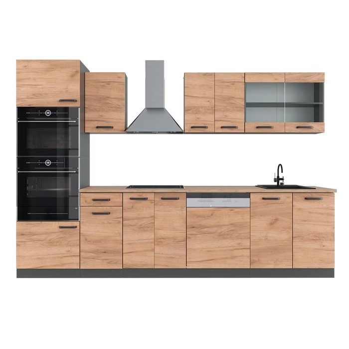 R-Line 300cm keuken met hoge kast, PT Eiken, Goud Eiken, Antraciet, Vicco 43153