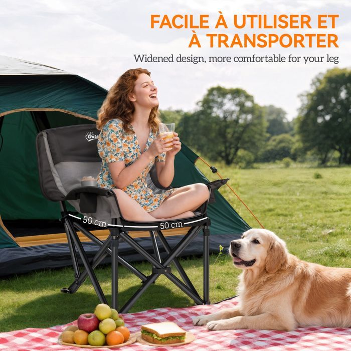 Chaise de camping - Outsunny - portable et pliante - poches latérales, porte-gobelets et sac de transport - noir