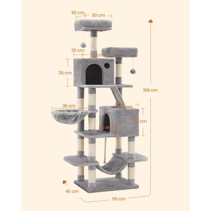 Árbol rascador Feandrea, 168 cm de alto, con 13 postes rascadores, 2 plataformas, 2 cuevas, cesta, hamaca, pompón, multinivel, gris claro.