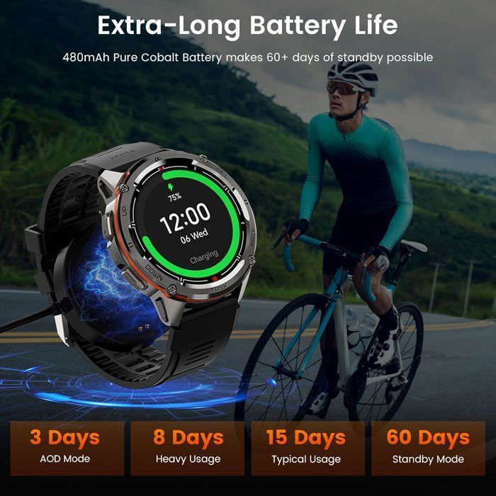 KOSPET T3 Ultra Smartwatch voor heren - GPS-smartwatch met 470 mAh, digitaal fitnesshorloge met AMOLED AOD-scherm en Bluetooth - Zwart