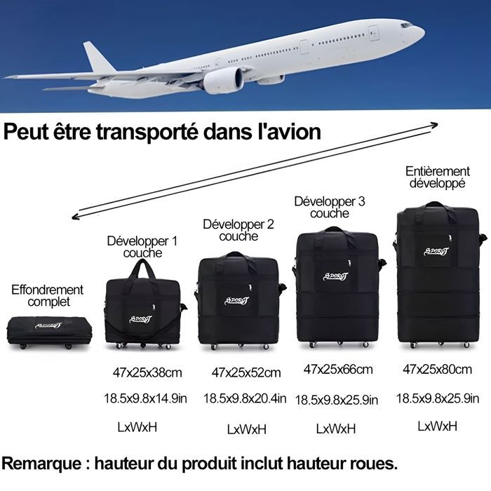 Bolsa de viaje con ruedas de 45L-95L, bolsa de lona plegable y expandible, bolsa deportiva para hombres y mujeres, color negro.