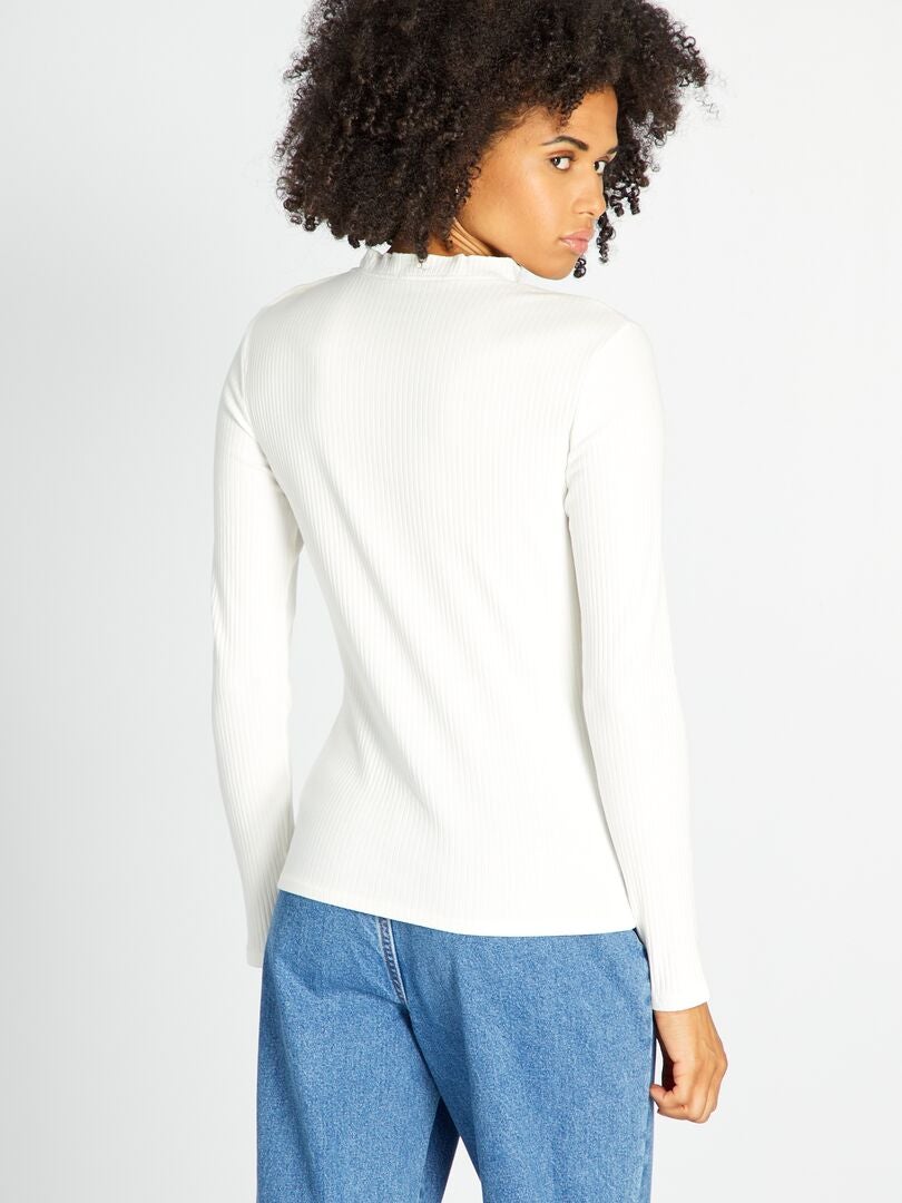 Geribbeld gebreid T-shirt met lange mouwen - WIT