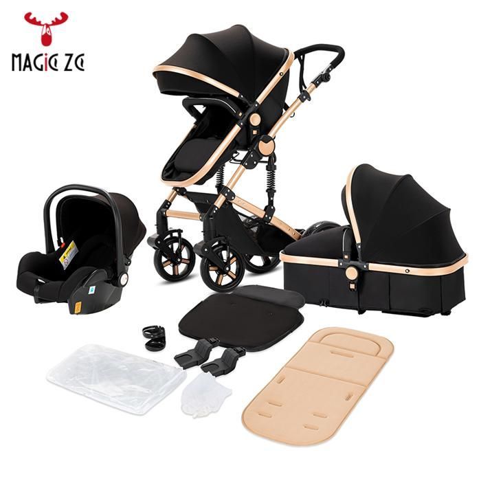 Magic ZC Stroller 3-in-1 Stroller 3-in-1 Travel System One-Click Fold Reversible Seat High Landscape Max 15kg Black Gold
