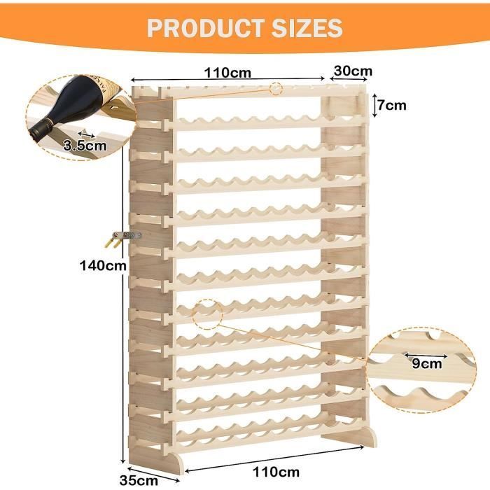 SogesHome 12-Tier Untreated Wooden Wine Rack, 120 Bottle Capacity, 110 x 35 x 140 cm