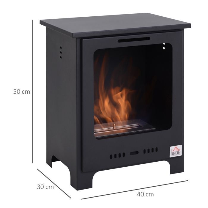 Chimenea de bioetanol - HOMCOM - independiente, quemador de 0,9 L, 3 horas de duración, estilo neorretro, acero, 40x30x50 cm, negra