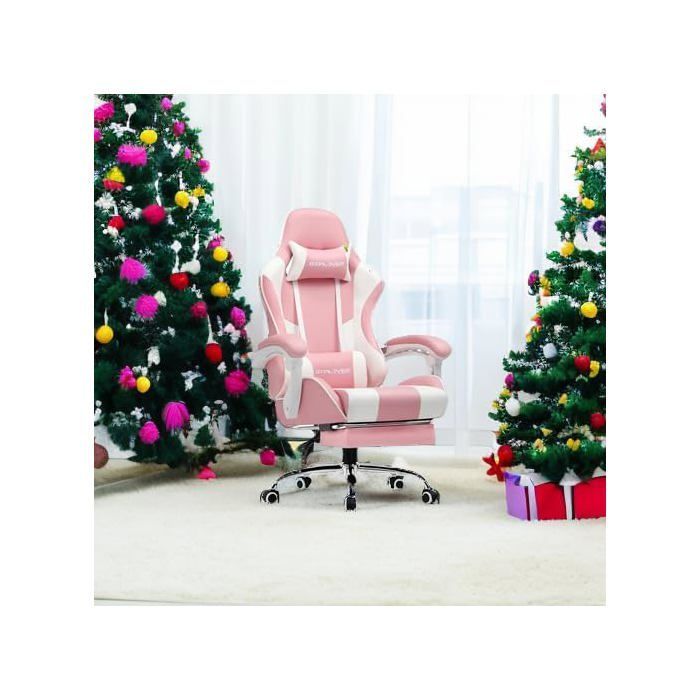 Silla gaming con reposapiés, cojín de masaje lumbar, silla de oficina ergonómica con reposabrazos sincronizados (rosa)