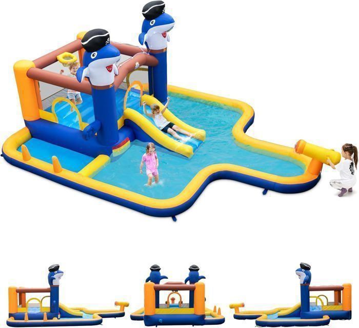 Castillo hinchable GOPLUS 7 en 1 para niños de 3 a 10 años, zona de juegos acuáticos, sin soplador - Piscina/Tobogán/Juego de boxeo/Cañón de agua - Capacidad de carga 45+45 kg