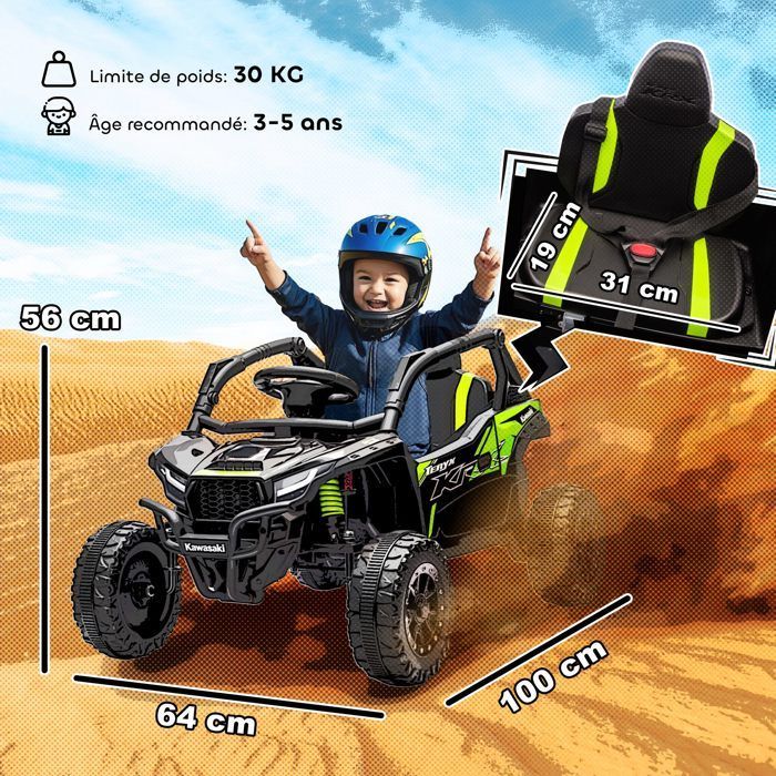 Voiture électrique enfant UTV - AIYAPLAY - KAWASAKI TERYX KRX 1000, 12 V 2 moteurs 25 W, télécommande 2,4 Ghz - 100x64x56cm - noir