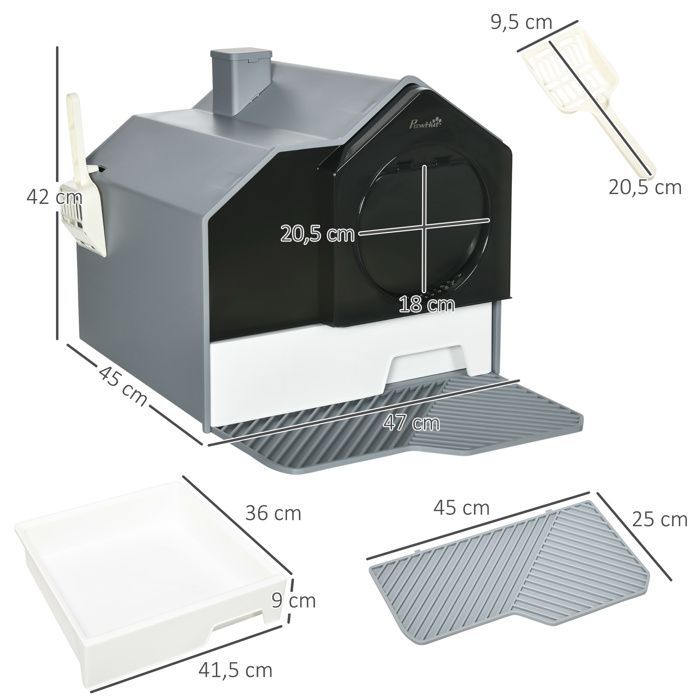 Maison de toilette pour chat - PawHut - bac à litière design maisonnette porte battante pelle tapis - plastique - 47x45x42cm - gris