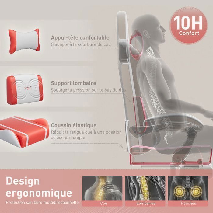 ECOFURNIX Fauteuil de Bureau Massant, Fauteuil Gaming Réglable avec Coussin de Massage Lombaire et Repose-Pieds, Rouge et Blanc