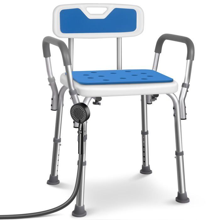VOUNOT® Duschstuhl mit Rücken- und Armlehnen – Höhenverstellbar – Rutschfeste Füße – Sitzfläche aus Aluminium-HDPE – Blau
