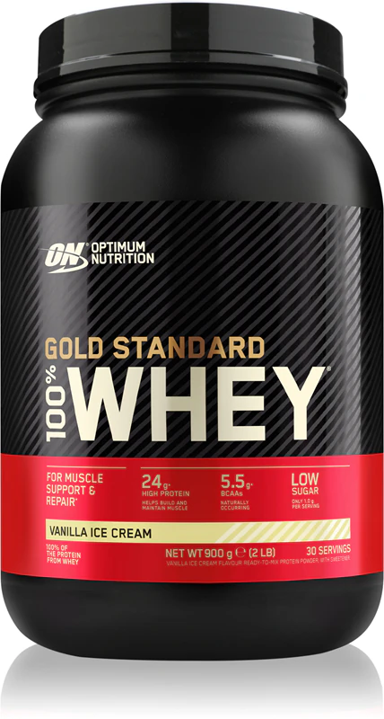 Suplemento alimentar Optimum Nutrition Gold Standard Whey Protein, proteína de soro de leite.