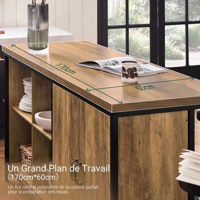 Îlot Central de Cuisine 2 Portes 4 Compartiments Plan de Travail Spacieux Meuble Cuisine Salon Rangement 170x60x89cm MDF et Acier