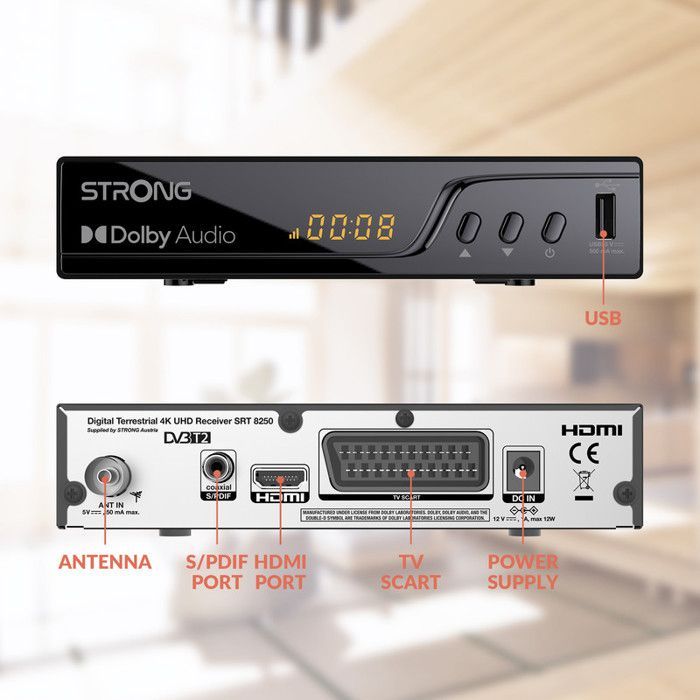 STRONG - SRT8250 Receptor Digital Terrestre 4K UHD - Gravador USB - HEVC265 - Dolby Digital Plus - HDMI, SCART - Guia de Programação - Tela