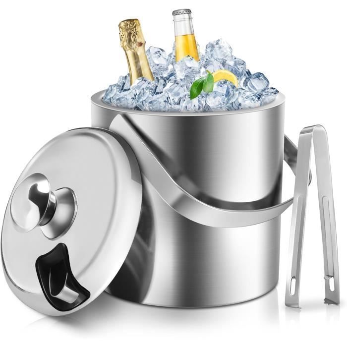Balde de gelo, balde de champanhe de parede dupla, refrigerador de garrafas de 1,2L, balde de gelo em aço inoxidável com pinça e tampa.