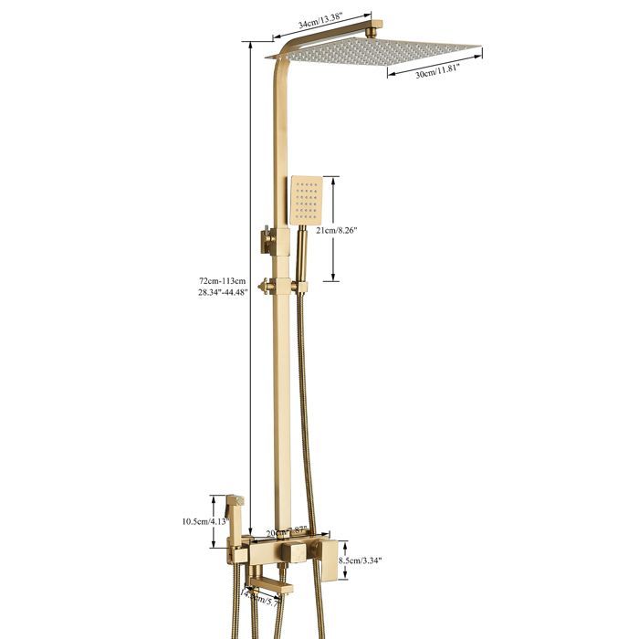 Columna de ducha de oro cepillado, conjunto de ducha de acero inoxidable con cabezal de ducha de 30 x 30 cm.