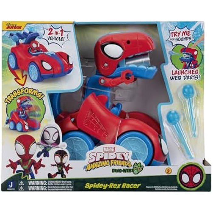 Spidey en zijn geweldige vrienden Spidey-Rex Racer 2-in-1 20 cm - Transformerend voertuig, geluidseffecten en 2 pijltjes - Geschikt voor kinderen vanaf 3 jaar