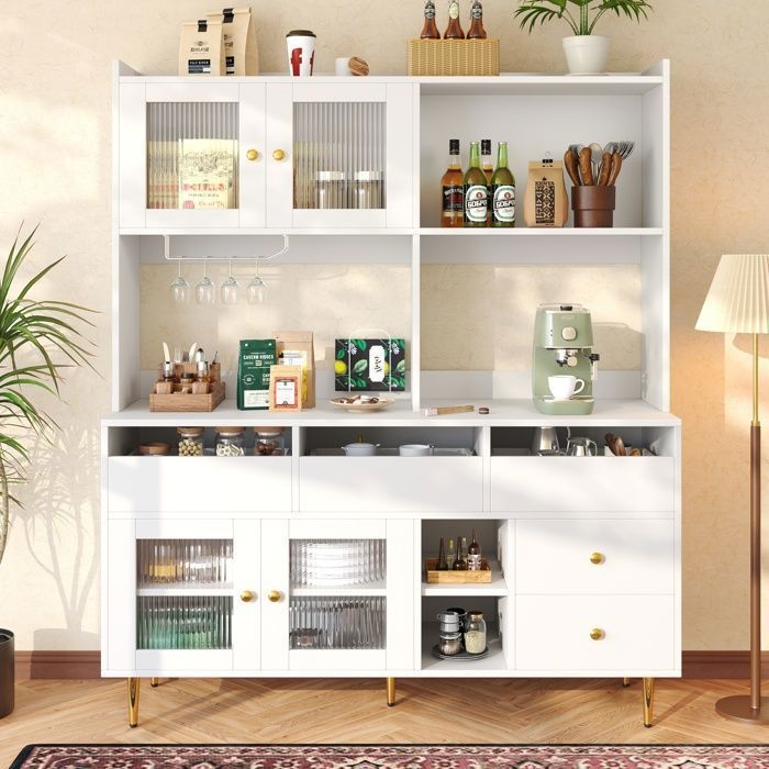 Aparador alto de cocina de 145 x 39 x 171 cm con cajones, puertas, botellero y estantes. Ideal para comedor y cocina. Color blanco.