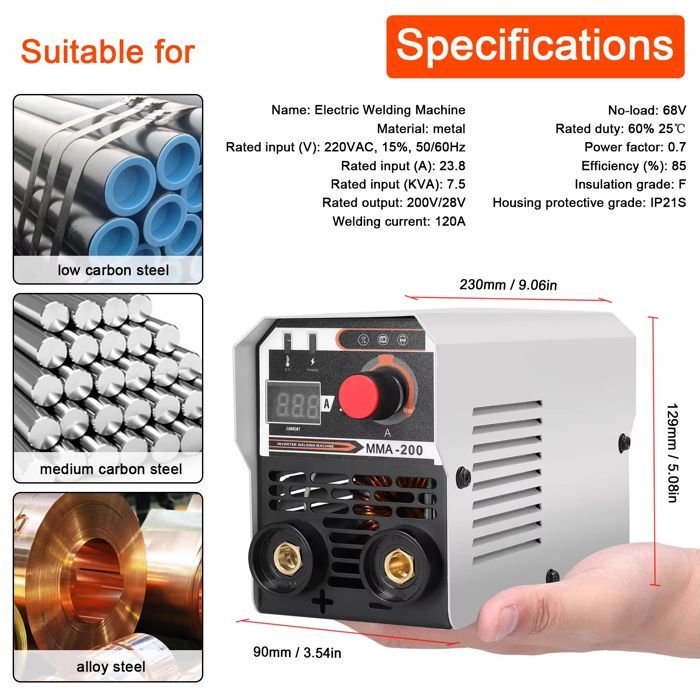 Soldadora inversora IGBT de 200 A - Soldadura MMA, MIG/MAG, TIG sin gas - Fuente de alimentación de 220 V - Diseño compacto y portátil