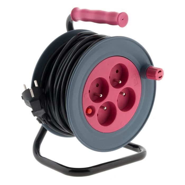 Carrete de cable doméstico ZENITECH de 15 m - 4 tomas 2P+E - Cable 3G1 mm² - Rosa