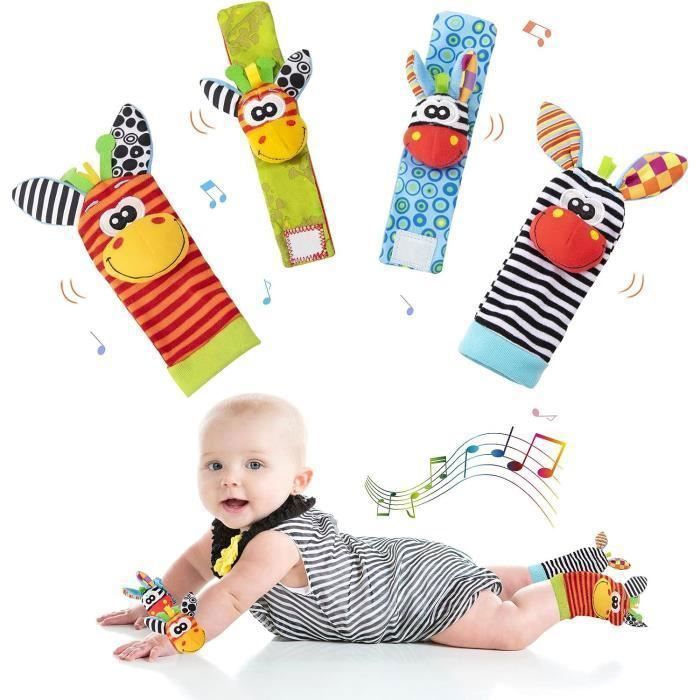 Sonaglio per neonati, sonaglio da polso e calzino, giocattolo Montessori per lo sviluppo del bambino - Design con simpatici animali, regalo ideale - da 0 a 12 mesi