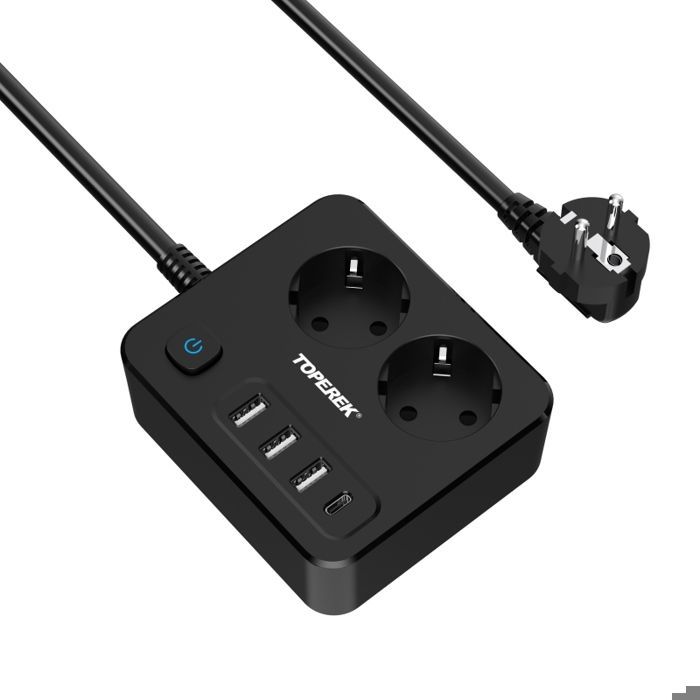 Surge Protector Power Strip Tower - NAPASA - 2 Outlets with 3 USB-A + 1 USB-C Ports, 4.5A - 2m Cord - Black