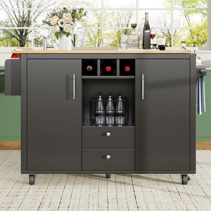 Isla de cocina con tablero abatible, 120 x 45 (73) x 92 cm, carrito de cocina con botellero, 2 cajones, 2 puertas - Negro