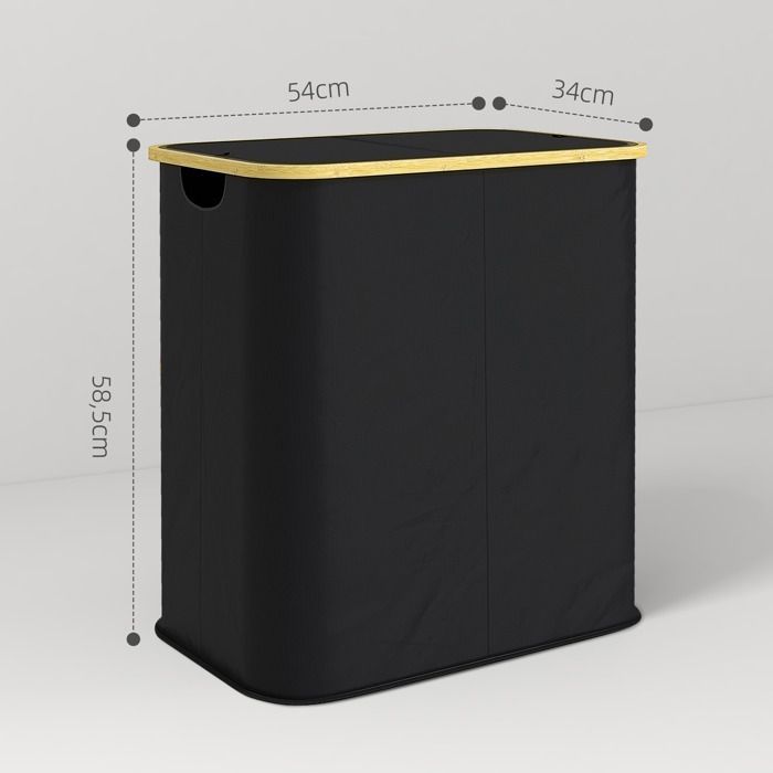 Cesto de ropa - HOMCOM - doble plegable 80 L - tapa - asas acanaladas - negro