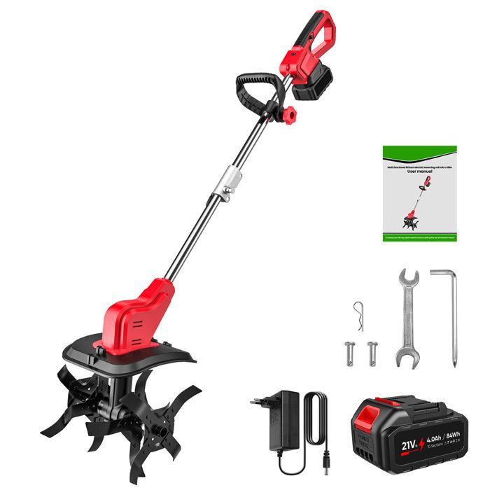 Motocultor eléctrico - 1 batería - Motocultor eléctrico inalámbrico de 21 V - Ancho de corte: 30 cm - Profundidad de corte: 22 cm - 350 rpm