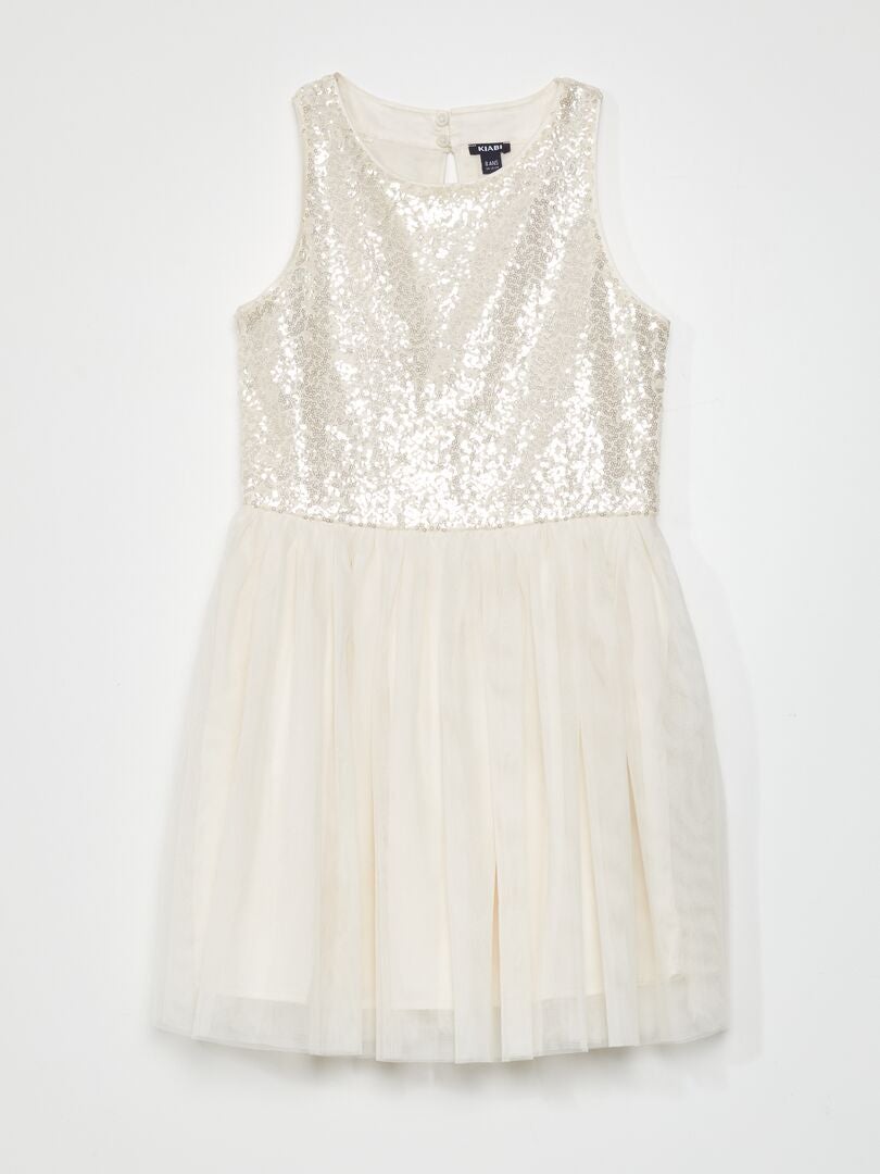 Mouwloze jurk van pailletten en tule - BEIGE