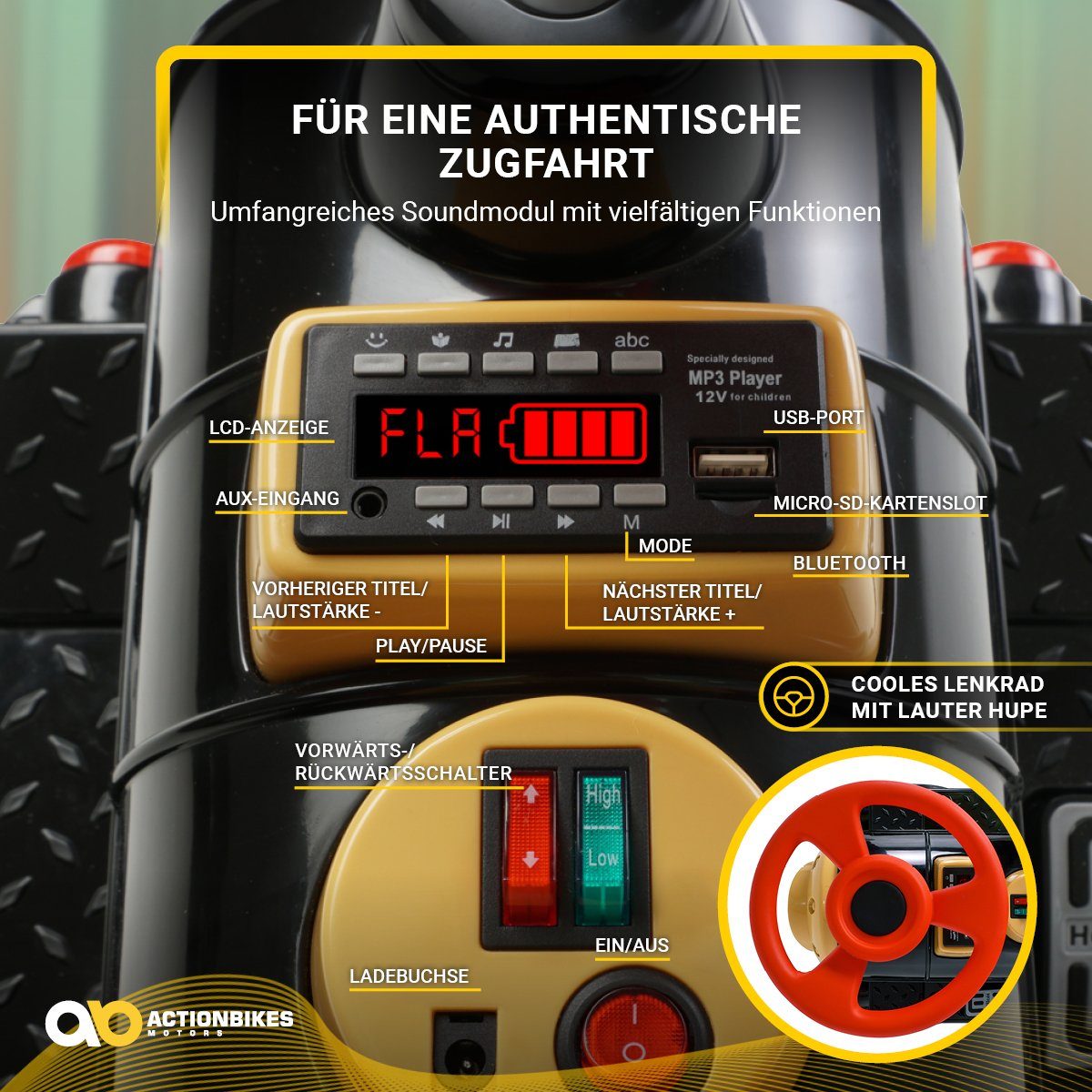 Elektrické dětské auto Actionbikes Motors, dětský elektrický vláček s přívěsem, nosnost 60 kg, (2 kusy), 3 sedadla - klakson a hudba - pozvolný start - 2 x 12 V motory