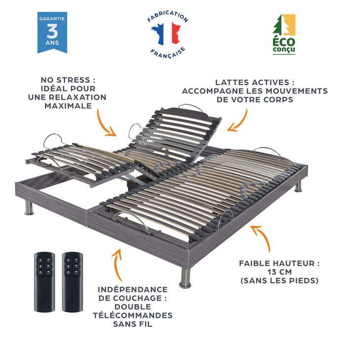 Cama elétrica - EBAC LITERIE - S62 – 2x70x190 cm - Suporte lombar ajustável - Cinza