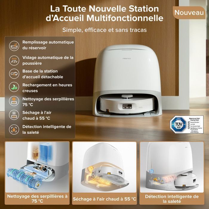 Roborock Qrevo Curv 2 Flow  Aspirateur Robot Laveur avec Station 20000Pa, Lavage à l'eau Chaude 75℃, Anti-Tangle