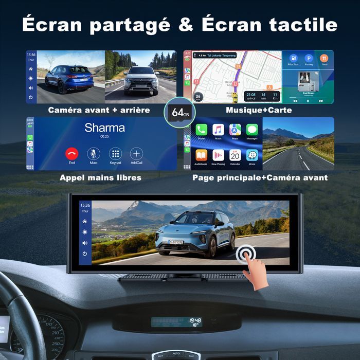Rádio automotivo CAMPARK de 10,26 polegadas com CarPlay, câmera frontal 4K+1080P, câmera traseira, tela sensível ao toque, CarPlay sem fio e Android Auto.