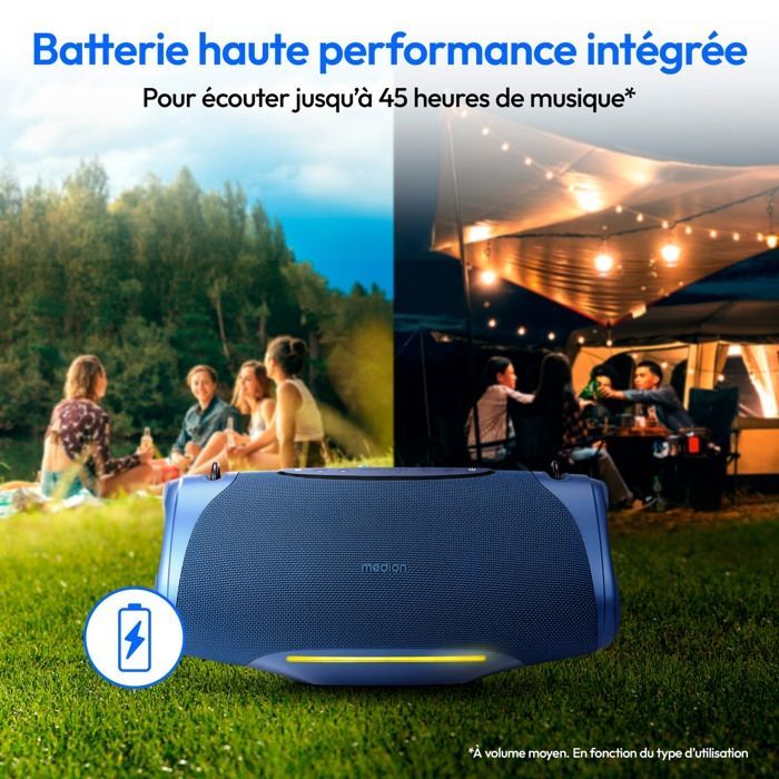 Altavoz Bluetooth - MEDION - P61762 - Refuerzo de graves - IPX7 - Efectos de luz RGB