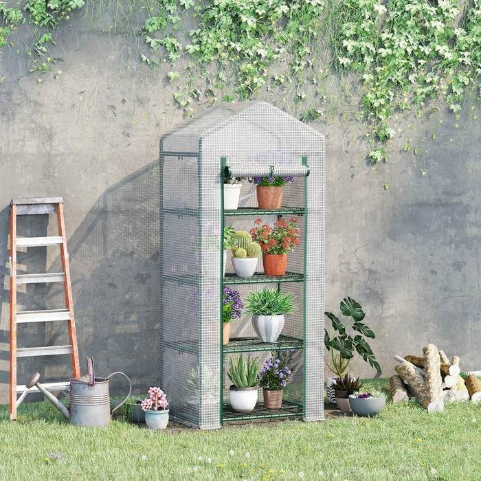 Invernadero de jardín Outsunny - Estantes de PE, 4 niveles, balcón, lona reforzada de 140 g/m², para flores - acero - 70x50x160cm - blanco