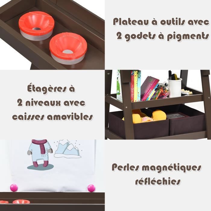 COSTWAY Tableau Enfant - Blanc Magnétique et Noir, Rouleau de Papier (Papier inclus), 3 Etagères et 2 Bac de Rangement Marron