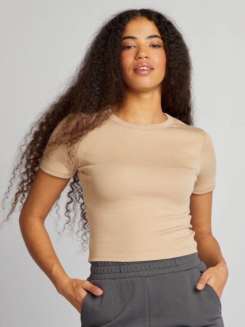 Korte crop top met korte mouwen - BEIGE