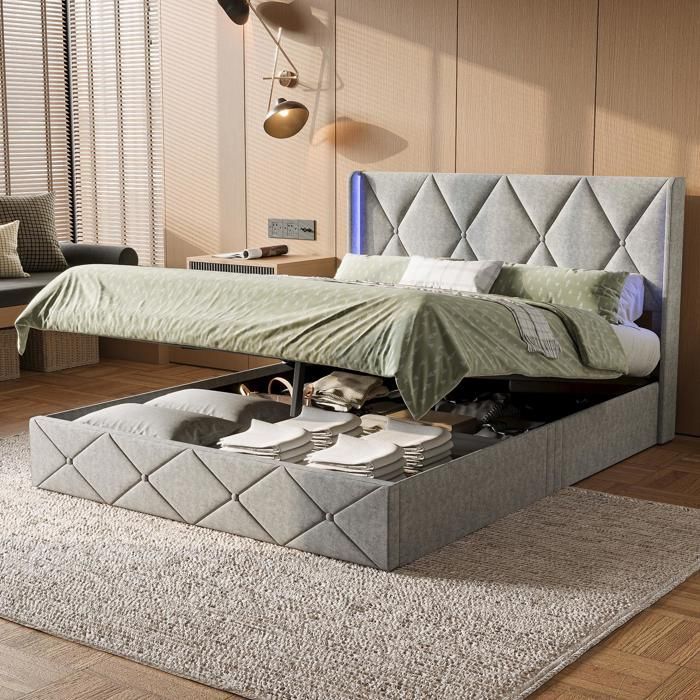 Letto 160x200 cm - Letto contenitore da 160 cm con rete a doghe inclusa - Letto matrimoniale imbottito con illuminazione a LED - in velluto grigio ghiaccio