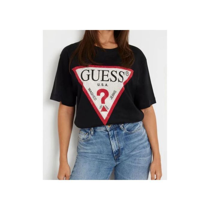T-shirt Oversize Noir Femme Triangle Brillant Guess Taille M - Élégance et Confort Indispensables