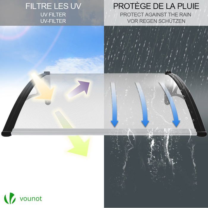 VOUNOT® Marquise auvent de porte d'entrée 100x80cm - Polycarbonate transparent - Anti-UV - Noir