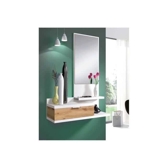 Meuble d'entrée Dahlia avec miroir et tiroir - VMO HOME - Blanc Artik et chêne Nodi