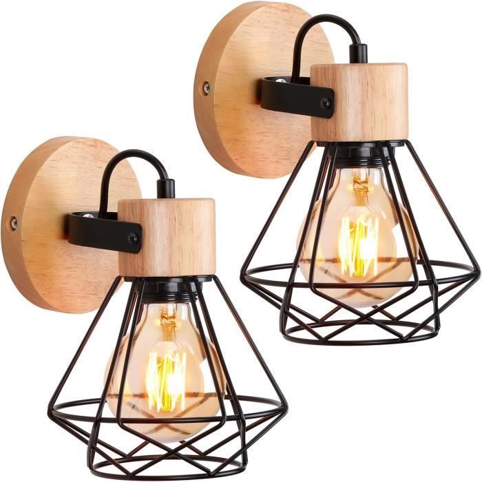 IDEGU 2 stuks industriële wandlampen, 16 cm vintage binnenwandlamp van hout en ijzer, retro, verstelbaar, E27, zwarte wandverlichting