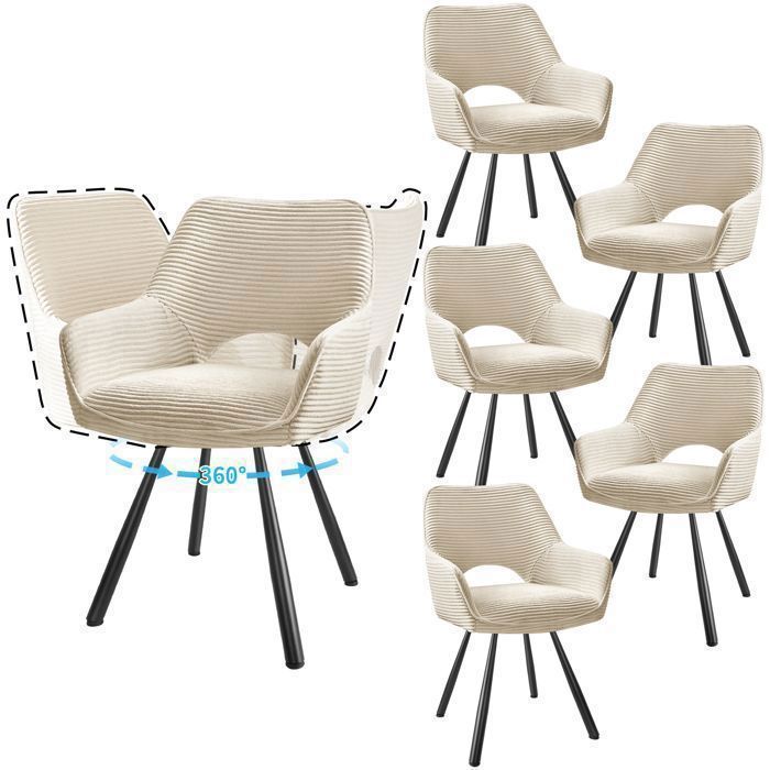 WAFTING Lot de 6 Chaises de Salle à Manger,  Fauteuil Pivotantes avec Accoudoirs, Rembourrées avec Dossier en Velours,Beige