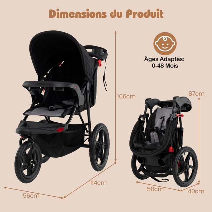 Cochecito plegable para bebé COSTWAY - Parasol ajustable - Asiento reclinable - 3 ruedas de goma con cámara de aire - 48 meses - 22 kg - 5 arneses
