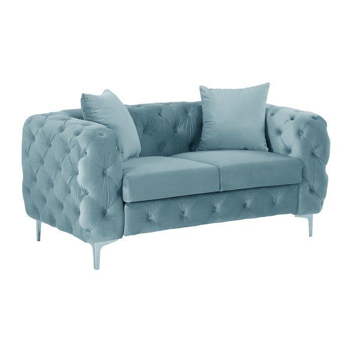 Divano a 3 posti, divano a 2 posti e poltrona Chesterfield in velluto azzurro pastello EDWINA