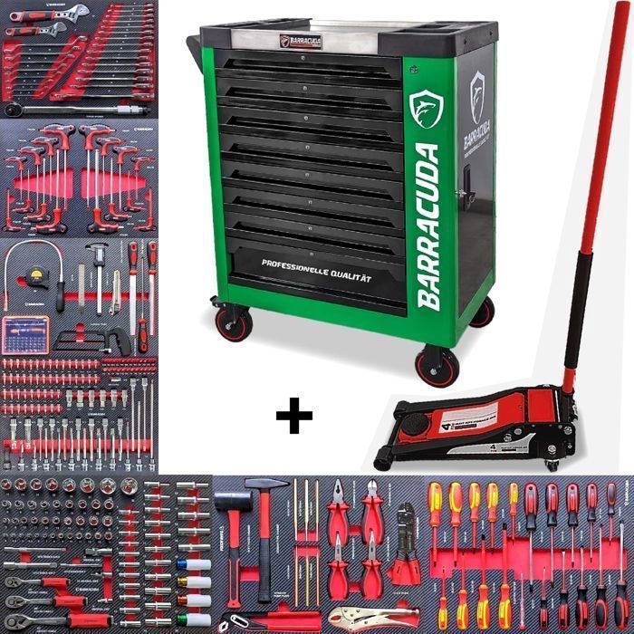 Carro de taller - BARRACUDA TOOLS - Rock PRO+ - 8 cajones - Gato hidráulico de 4T - Acero verde