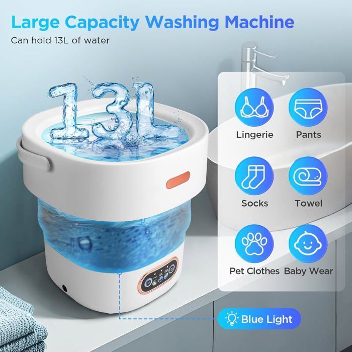 Mini washing machine 13L with spin cycle, 3 modes, for camping, underwear, baby