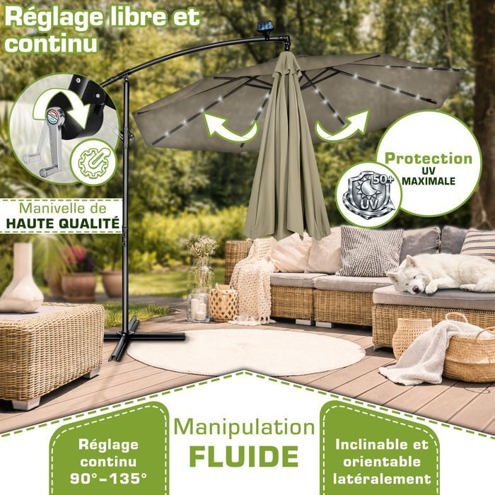 tillvex® LED Parasol déporté Ø 350 cm Marron – 360°, UV UPF 50+ avec manivelle, couverture & paravent, Pare-soleil avec pied